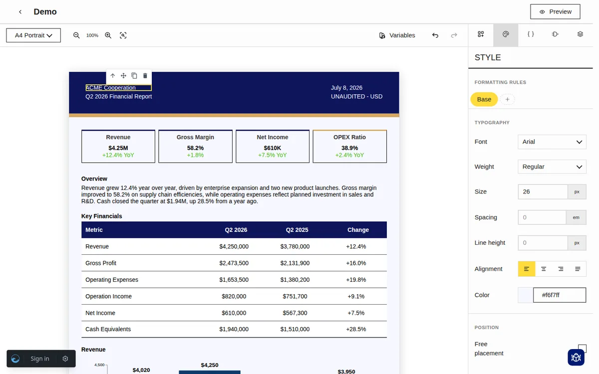 Qalibify editor with a text element selected and its style controls open in the side panel