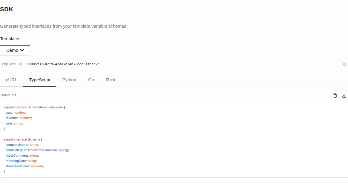 Generated TypeScript code for a template's variable schema in the SDK generation panel