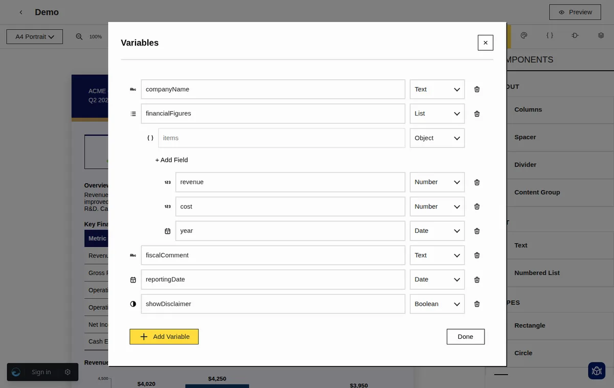 Variables panel listing a template's variable schema, including text, list, and boolean fields